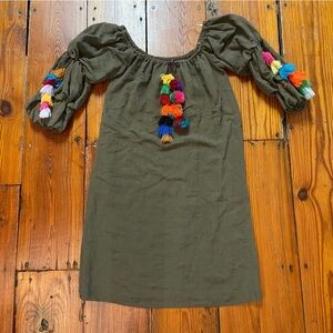 Hot & Delicious Shift Dress On/Off Shoulder Size S Olive Green Colored Tassels